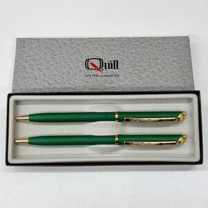 Vintage Quill Pen and Pencil Set Green‎ Gold Tone USA Made with Original Box